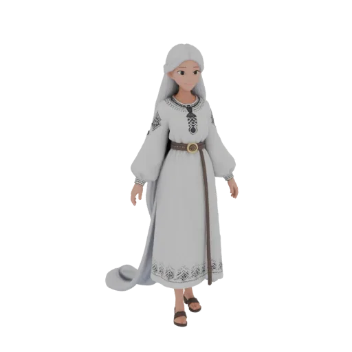 3D model of Mordovian water goddess Ved'yava in white dress with long hair and ornaments