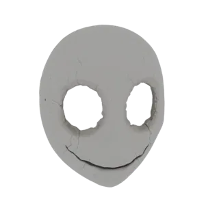 Ein 3D-Rendering einer rissigen Porzellanmaske mit zwei großen leeren Augenhöhlen und einem subtilen Lächeln vor einem weißen