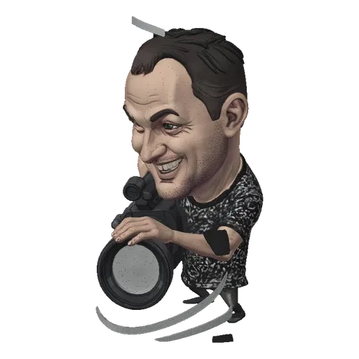 3D model of a caricature cameraman with exaggerated features, holding a video camera and winking.