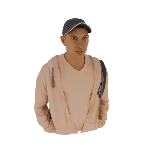 3D model of a young man wearing a pink hoodie and a grey baseball cap, looking forward.