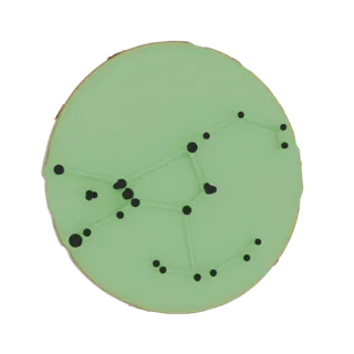 3D model of a round, light green frosted cookie decorated with the Orion constellation in black icing.
