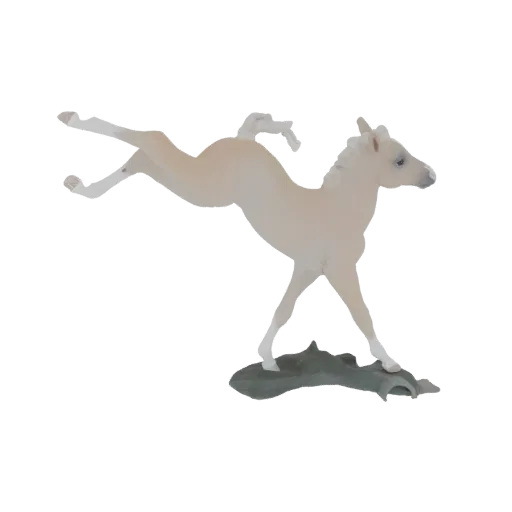 3D-Modell eines hellen Fohlens in dynamischer Sprungpose, mit ausgestreckten Beinen und erhobenem Schweif, stehend auf einem