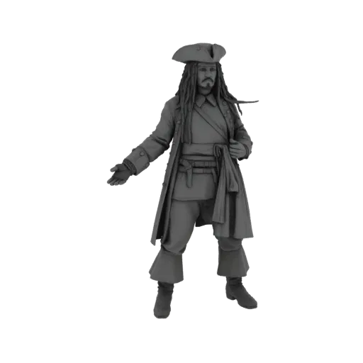 3D model of Captain Jack Sparrow in a classic pirate pose, wearing his iconic hat and coat.