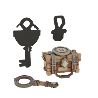 Adventurer Loot Key Printable 3D model, isometric STL render, showing aged wood, clear pickup silhouette.