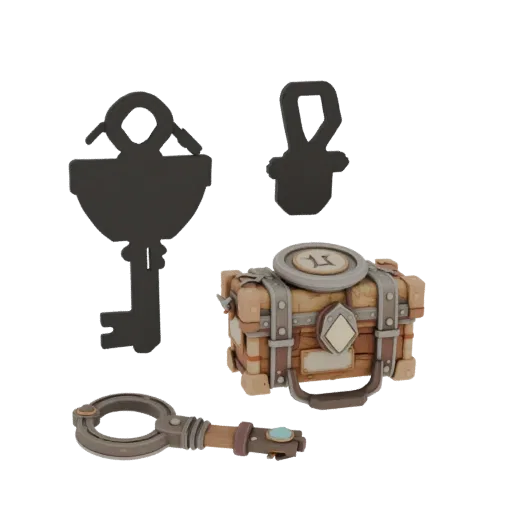 Adventurer Loot Key Printable 3D model, isometric STL render, showing aged wood, clear pickup silhouette.