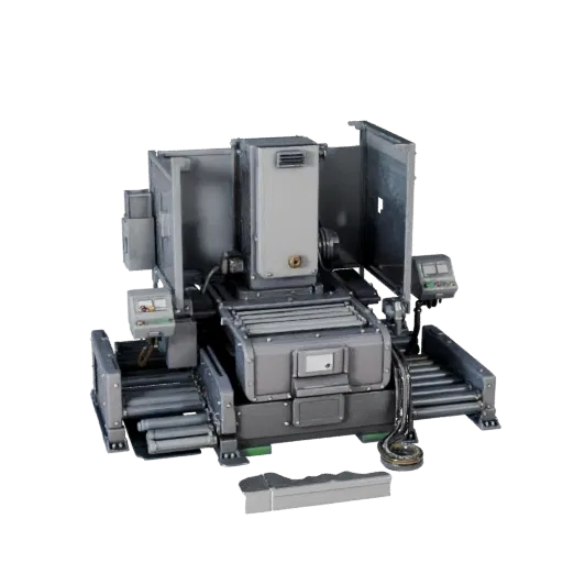 Automated Robot Cell High Poly 3D model, close-up studio render, showing painted steel, machine stations.