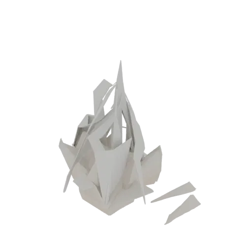 Render 3D de una escultura geométrica abstracta blanca con planos afilados y ángulos dinámicos, sobre un fondo blanco.