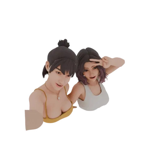 3D model of two young women posing for a selfie, one making a peace sign, against a white background.