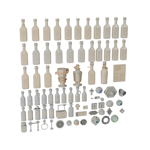 Workshop Bottle Group 3D model, three-quarter front view, Unreal Engine viewport, showing paper-like cards, form detail.