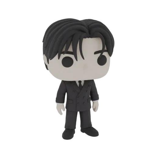 3D model of a stylized character wearing a black double-breasted suit and black hair, presented against a white background.