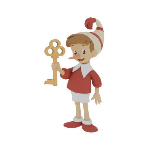 3D-Modell von Pinocchio, der Holzpuppe, stehend mit einem Lächeln und einen goldenen Schlüssel in der rechten Hand haltend.