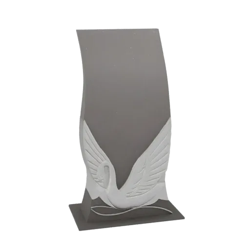 Modelo 3D de un elegante monumento con un cisne de alas extendidas, renderizado en un material gris liso.