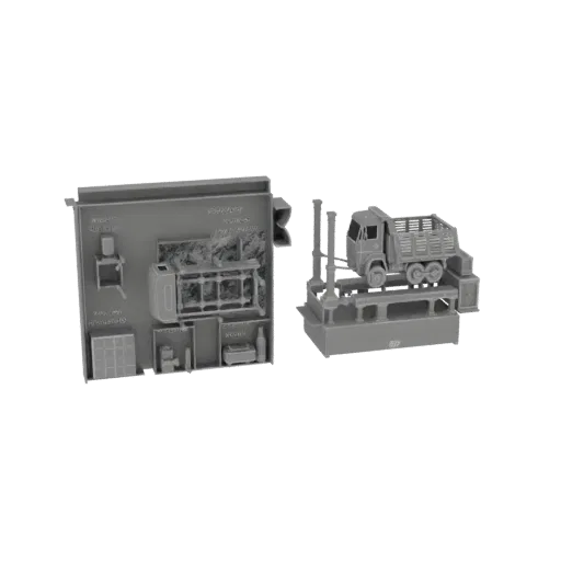 3D model of a 1/24 scale workshop diorama with a truck on a repair stand, surrounded by tools and equipment.