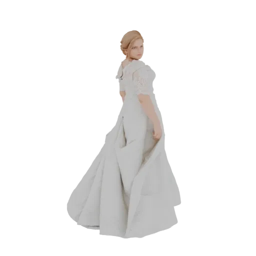 3D model of a woman wearing an elegant white wedding dress with a long, flowing train and lace details, viewed from the side.