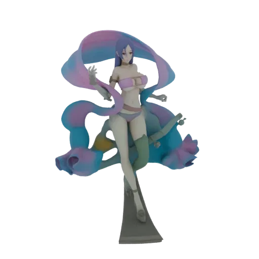 3D model of an anime sorceress with purple hair, wearing a pink bikini and a large, flowing scarf with blue, pink, and purple