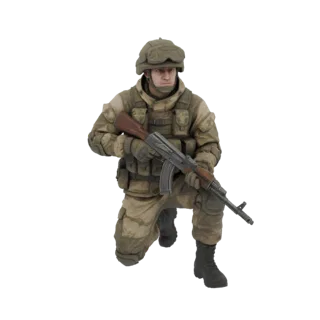 Modelo 3D de un soldado con uniforme de camuflaje arrodillado con un fusil de asalto estilo AK, equipo táctico detallado visi