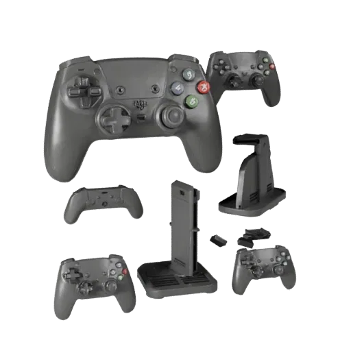 Mini Controller 3D model, three-quarter front view, AR viewer studio render, showing matte plastic, console proportions.