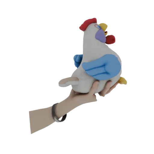 3D model of a cute cartoon chicken plush toy with blue wings, held in a hand, against a white background.
