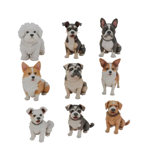 Modèle 3D d'un ensemble de 8 figurines de différentes races de chiens en position assise, avec texture de fourrure détaillée.