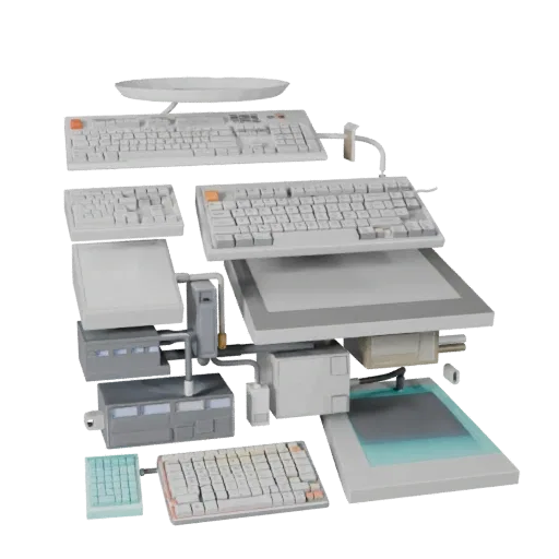 Startup Keyboard Stylized 3D model, stylized isometric render, showing plastic, desk-scale silhouettes.