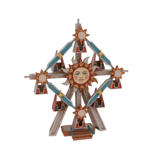 3D model of a whimsical Ferris wheel with a smiling sun at the center and colorful cabins, set against a black background.