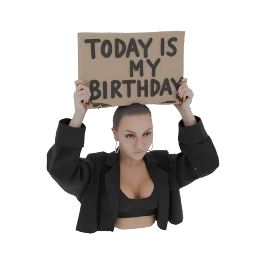 3D model of a woman with dark hair, wearing a black blazer, holding a cardboard sign that says 'Today is My Birthday'.