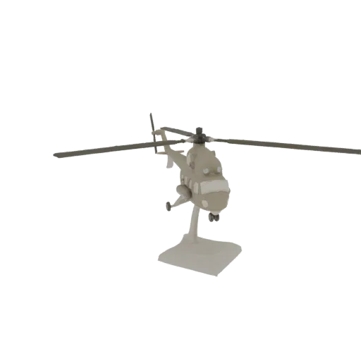 Uma renderização 3D de um helicóptero de ataque estilo cartoon com corpo bege, rotores escuros e um suporte de exibição cinza
