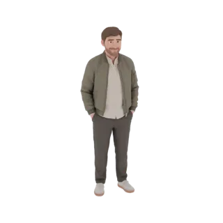 3D model of a man with short brown hair and a beard, wearing a green bomber jacket and gray pants, standing with hands in poc
