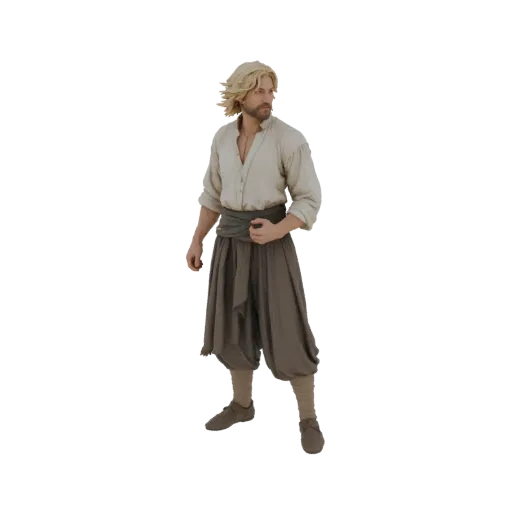 3D model of a male medieval traveler with blonde hair, wearing a linen shirt, sash, and gathered trousers, looking to the sid