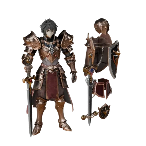 Personnage 3D Paladin Anime, vue du moteur, atout prêt pour Unreal Engine avec pose debout ; épée, bouclier, armure de plaque