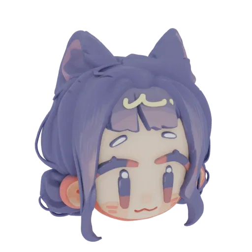 A 3D render of a cute character head with purple hair, cat ears, and large, expressive eyes, presented on a black background.