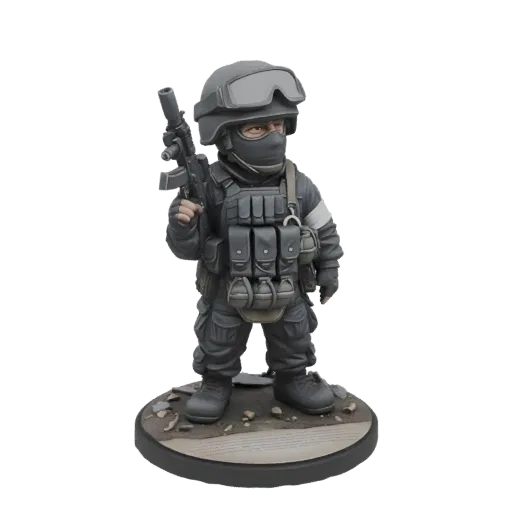 3D model of a chibi soldier in tactical gear, holding a rifle and equipped with grenades, standing on a textured base.