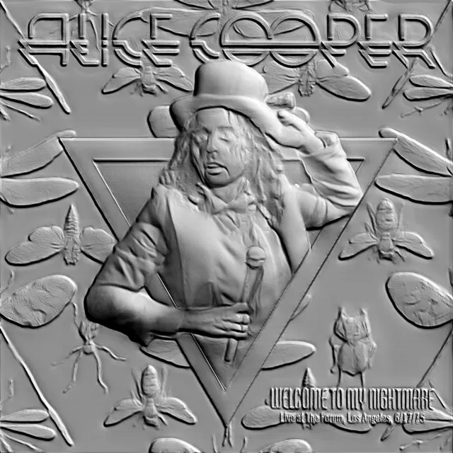 3D model of Alice Cooper relief with hat and microphone, surrounded by insects, in the style of the "Welcome to My Nightmare"