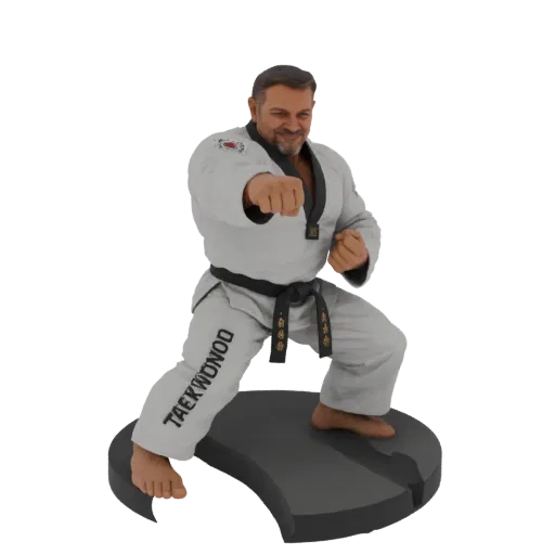 3D model of a Taekwondo master in a fighting stance, wearing a white dobok and black belt, with 'TAEKWONDO' text on his pants