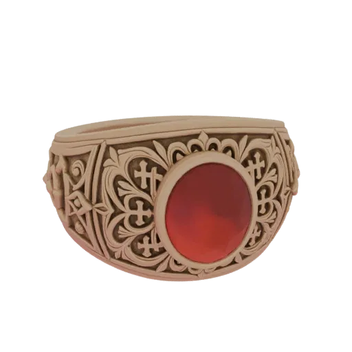 3D model of an ornate ring with intricate carvings and a central red carnelian gemstone, presented on a white background.