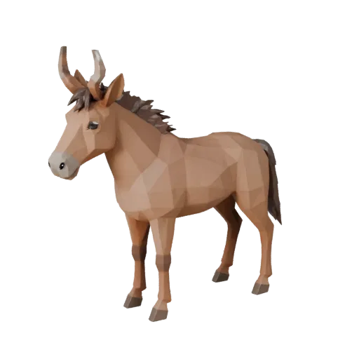 Modèle 3D de mule low poly, vue de côté caméra de gameplay, asset animal low-poly avec arche de cou, bords de sabots, flux de