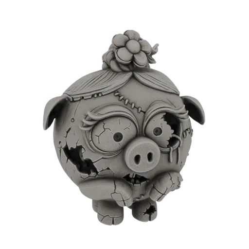 3D model of a cracked, zombie-themed piggy bank with a flower on its head, against a white background.