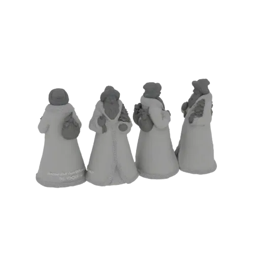 Uma renderização 3D de quatro figuras do Pai Natal em tons de cinza, cada uma segurando um saco, dispostas em fila.