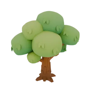 A 3D render of a stylized cartoon tree with a rounded green canopy and a textured brown trunk, set against a white background