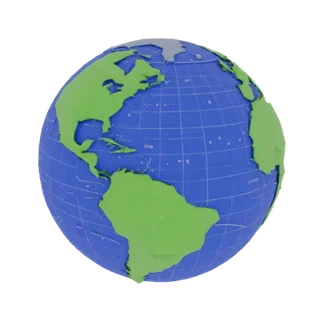 3D-Modell des Planeten Erde mit grünen Kontinenten und blauen Ozeanen, mit einem Gitter aus Längen- und Breitengraden.