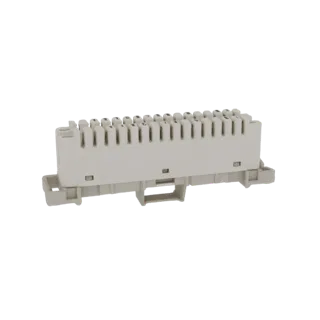 Modelo 3D de bloco terminal telefônico modular com 20 slots de conexão IDC, apresentado em cor bege neutra.