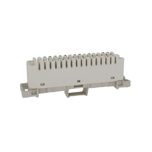 Modèle 3D d'un bloc de jonction téléphonique modulaire avec 20 emplacements de connexion IDC, présenté dans une couleur beige