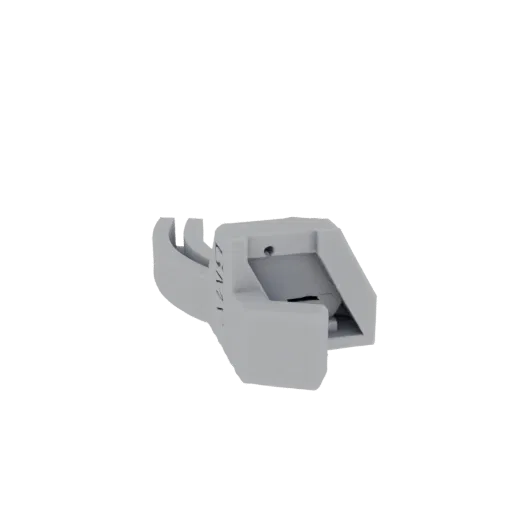 Renderizado de modelo 3D de un clip para herramientas gris con texto visible, mostrado desde un ángulo lateral sobre un fondo