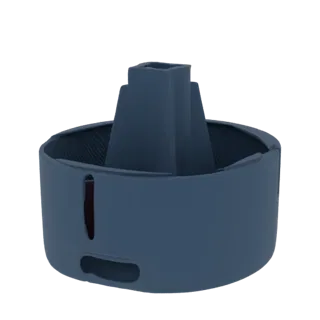 3D render of a dark blue cylindrical container with a stepped, square-shaped internal structure, isolated on a white backgrou
