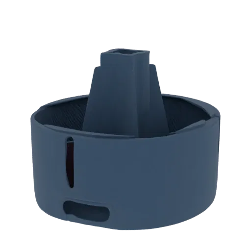 3D render of a dark blue cylindrical container with a stepped, square-shaped internal structure, isolated on a white backgrou