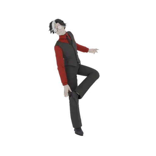 3D model of a stylized gentleman in a red shirt, black vest, and trousers, striking a dynamic pose with one leg bent.
