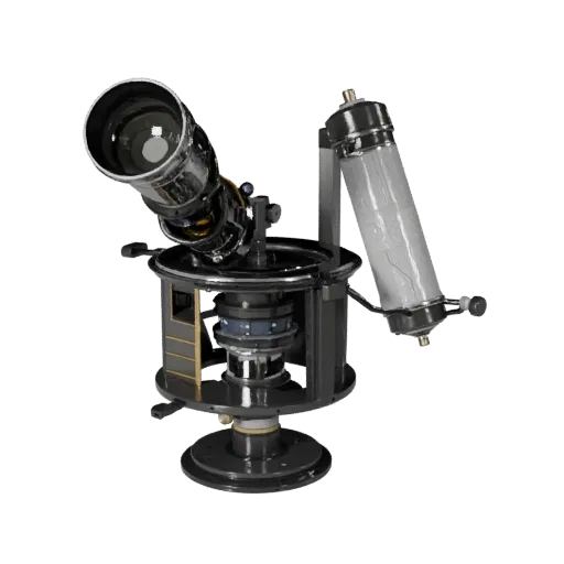 Portable Observatory Mount 3D model, three-quarter front view, Unity viewport, showing metal tubes, optical alignment.