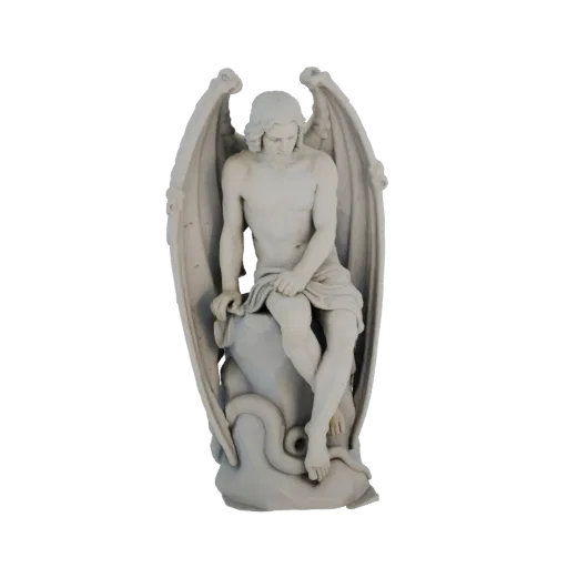 3D model of a white marble statue of a fallen angel with wings, seated with a serpent at its base, against a black background