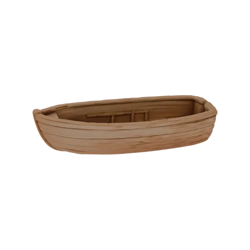3D model of a children's style wooden boat, side view, with detailed wood texture and side features.