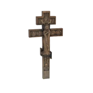 Modelo 3D de un crucifijo ortodoxo con una figura central de santo, tallas de ángeles y pequeñas escenas narrativas.